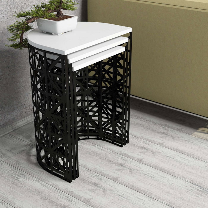 Hanah Home Juego de Mesas Nido Stil Metal Ferforje - Blanco y Negro